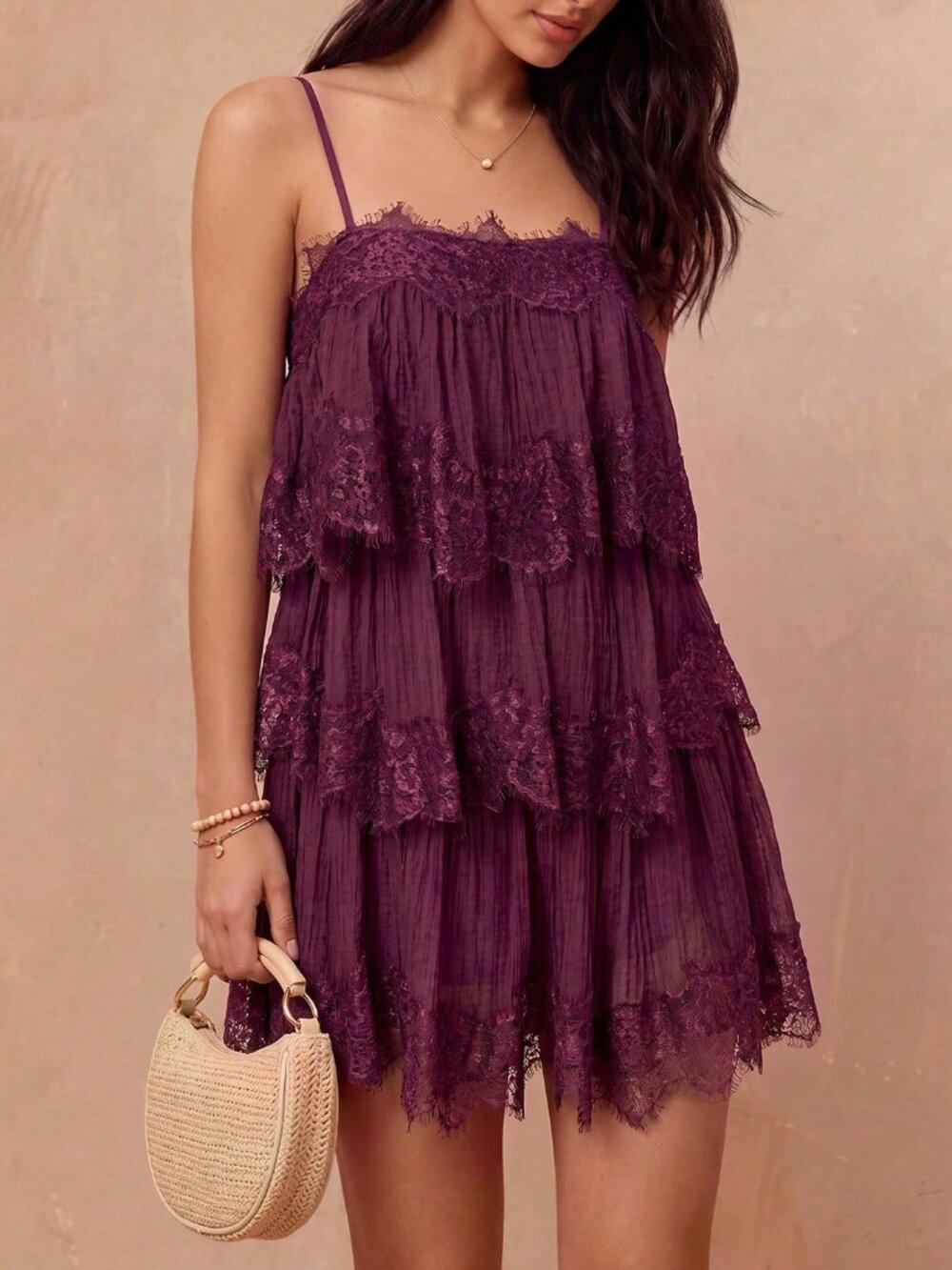 Red Violet Boho Women's French Sweet Elegant Lace Patchwork Camisole Dress